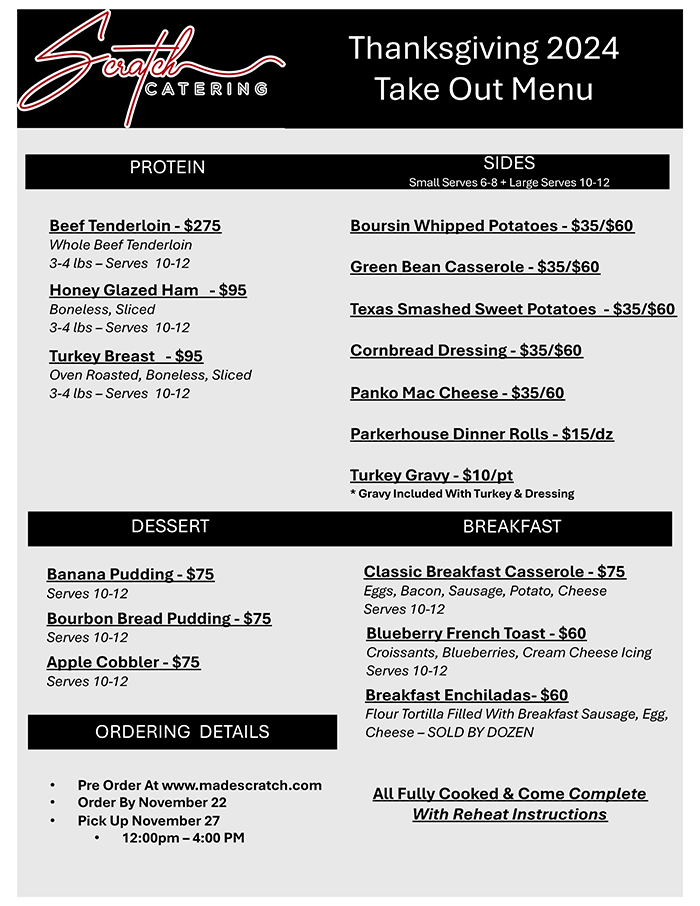 Scratch Catering 2024 Thanksgiving Menu